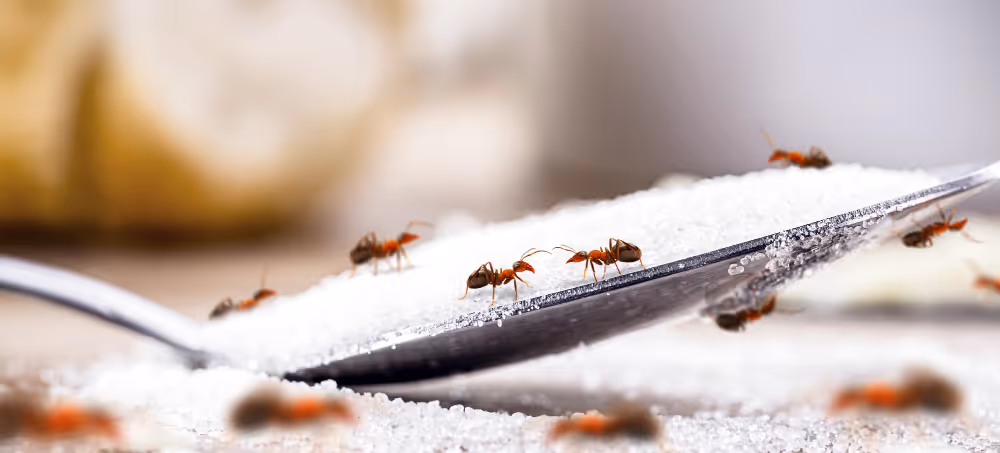 Makroaufnahme von mehreren Ameisen, die über eine Küchenarbeitsplatte im Haus krabbeln. Die helle, glatte Oberfläche – aus Marmor oder Laminat – weist Krümel und Essensreste auf, die die Ameisen anziehen. Die kleinen, dunkelbraunen bis schwarzen Ameisen sind deutlich zu erkennen, ebenso ihre gegliederten Körper und Fühler. Einige Ameisen sammeln sich um ein Zuckerkorn oder eine klebrige Stelle. Weiches Tageslicht fällt durch ein Fenster und erzeugt dezente Schatten. Im Hintergrund sind Küchenutensilien wie ein Schneidebrett, eine Obstschale oder eine Tasse unscharf zu sehen. Die Szene wirkt realistisch und zeigt feine Details in einer typischen Innenraumumgebung.