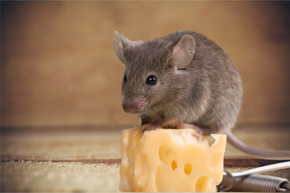 Eine Maus mit einem Stück Käse.