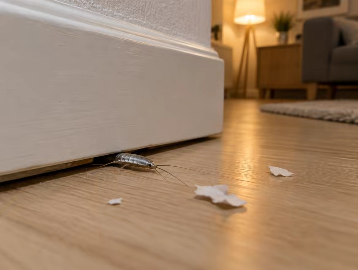 Silberfischchen kriecht unter einer weißen Fußleiste hervor, daneben Papierschnipsel auf dem Laminatboden