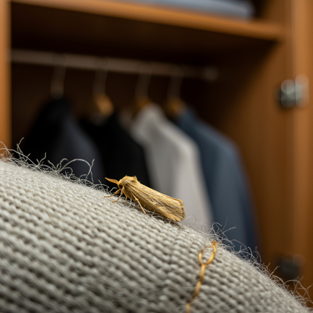 Eine kleine Kleidermotte sitzt auf einem sauberen Wollkleidungsstück im Schrank, nahe einer Stoffnaht. Ihre schmalen, beige-goldenen Flügel und feinen Körperhaare sind gut erkennbar. Im Hintergrund sind unscharf gefaltete Kleidung und Holzwände des Schranks zu sehen. Die Szene wirkt ordentlich, aber zeigt einen beginnenden Befall.
