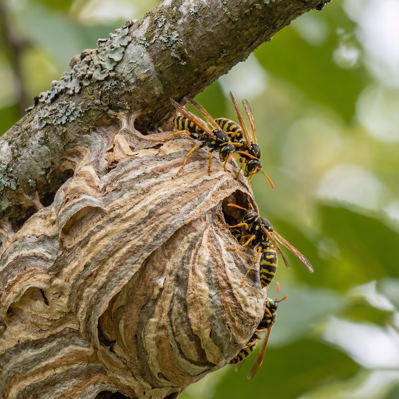 Ein detailreiches Wespennest aus papierartigem Material hängt an einem Ast. Die feinen Schichten und Strukturen des Nests sind deutlich sichtbar, während mehrere Wespen mit gelb-schwarzer Zeichnung auf der Oberfläche sitzen. Der Hintergrund besteht aus unscharfem grünem Laub bei natürlichem Tageslicht.