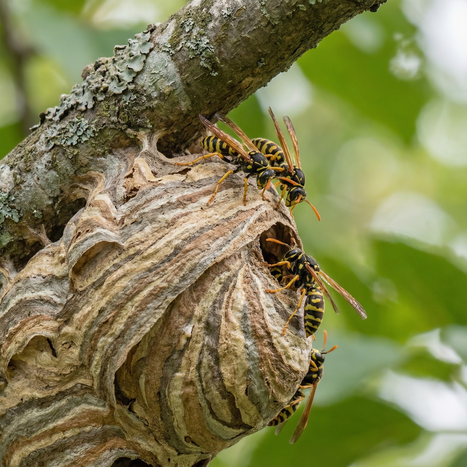 Ein detailreiches Wespennest aus papierartigem Material hängt an einem Ast. Die feinen Schichten und Strukturen des Nests sind deutlich sichtbar, während mehrere Wespen mit gelb-schwarzer Zeichnung auf der Oberfläche sitzen. Der Hintergrund besteht aus unscharfem grünem Laub bei natürlichem Tageslicht.