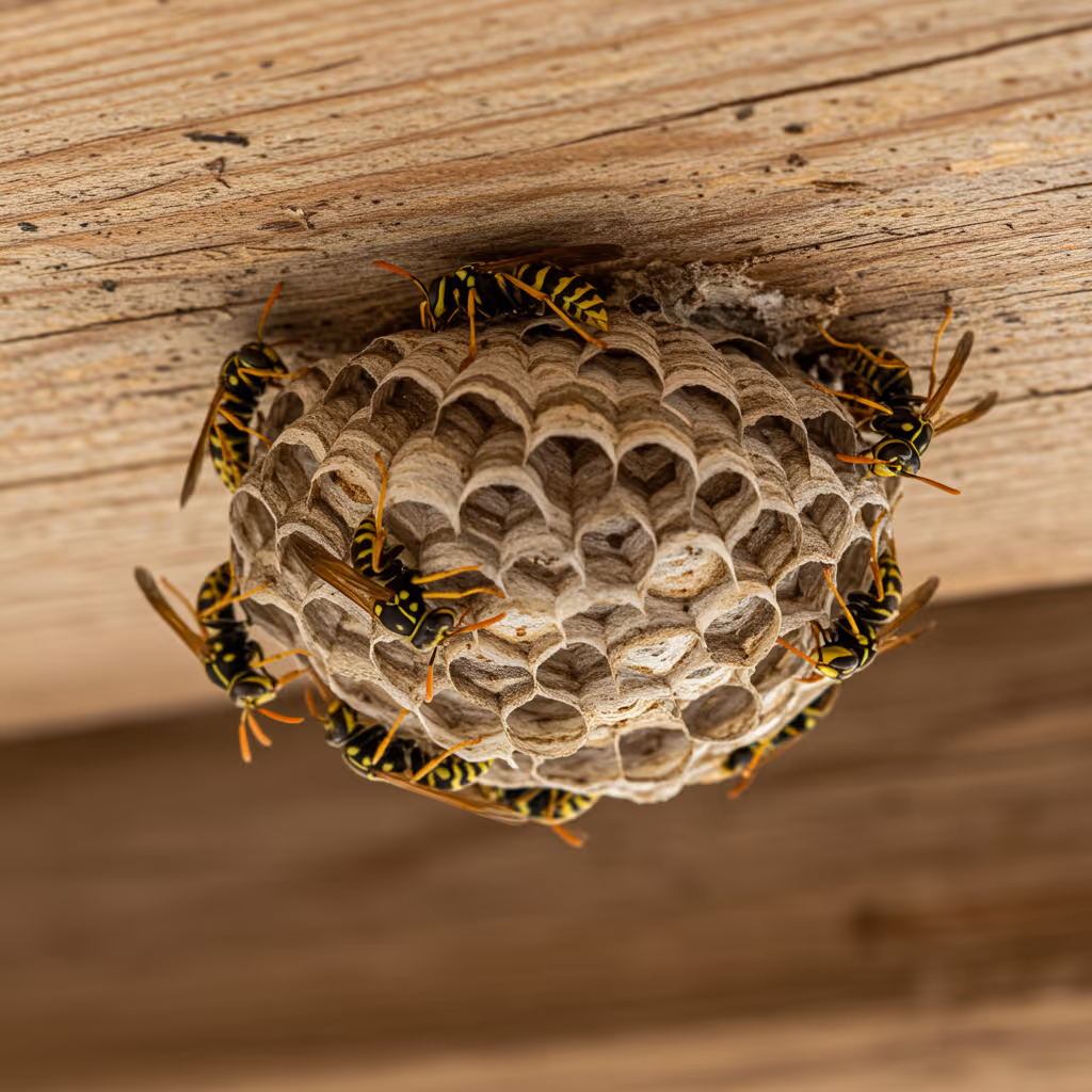 Ein Wespennest aus papierartigen Fasern hängt unter einem Dachvorsprung an einem Holzbalken. Die feinen Schichten und Muster des Nests sind deutlich erkennbar, während mehrere Wespen mit gelb-schwarzer Zeichnung über die Oberfläche krabbeln. Das Bild ist bei natürlichem Tageslicht aufgenommen, mit unscharfem Hintergrund.