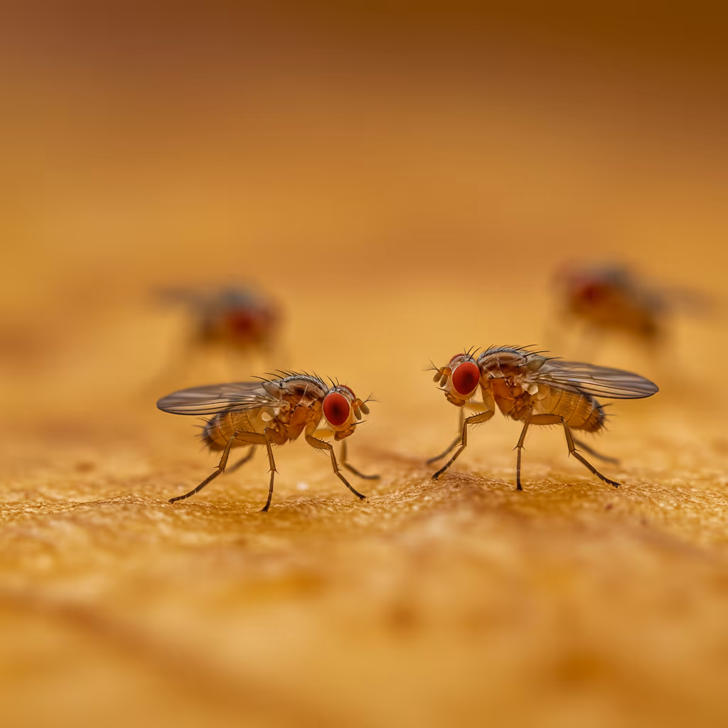 Sehr kleine Fruchtfliegen, deutlich kleiner als normale Stubenfliegen, sitzen auf reifem Obst. Die winzigen Insekten sind nur wenige Millimeter groß und haben auffällige rote Augen, helle Körper und kurze, durchscheinende Flügel. Die Größe wird durch die grobe Struktur der Fruchtoberfläche deutlich, während der Hintergrund unscharf bleibt.