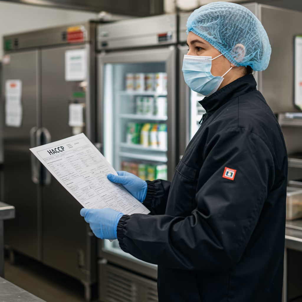 Eine professionelle Großküche mit sichtbaren Hygienemaßnahmen nach dem HACCP-Prinzip. Eine Person in hygienischer Arbeitskleidung hält eine Checkliste in der Hand, während saubere Edelstahlflächen, beschriftete Lebensmittelbehälter und Kühlgeräte im Hintergrund zu sehen sind. Die Szene wirkt ordentlich, kontrolliert und lebensmittelsicher.