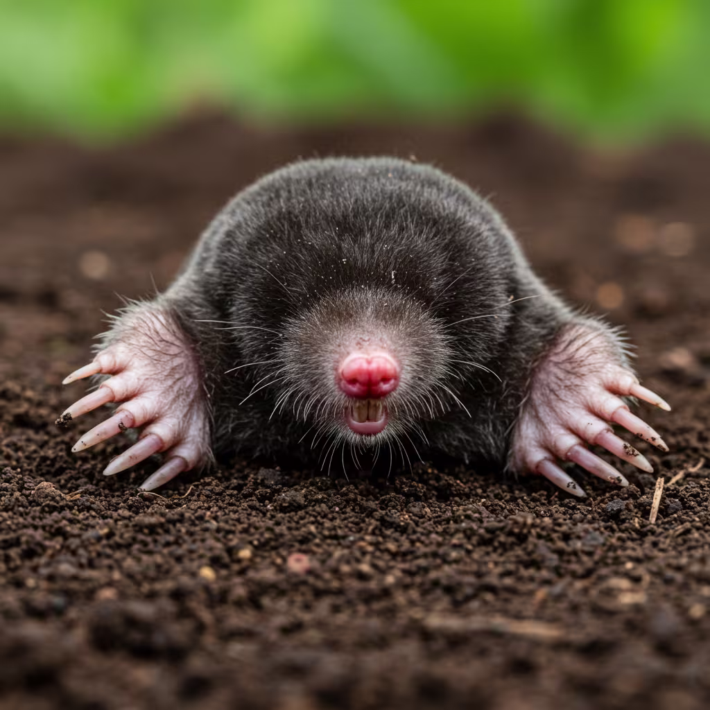 Ein Maulwurf schaut teilweise aus lockerer, frischer Erde hervor. Sein dichtes, samtiges dunkelgraues Fell, die kleine Schnauze mit feinen Tasthaaren und die kräftigen, schaufelartigen Vorderpfoten mit Krallen sind deutlich erkennbar. Die Erde wirkt feucht und detailreich, während der Hintergrund unscharf bleibt.