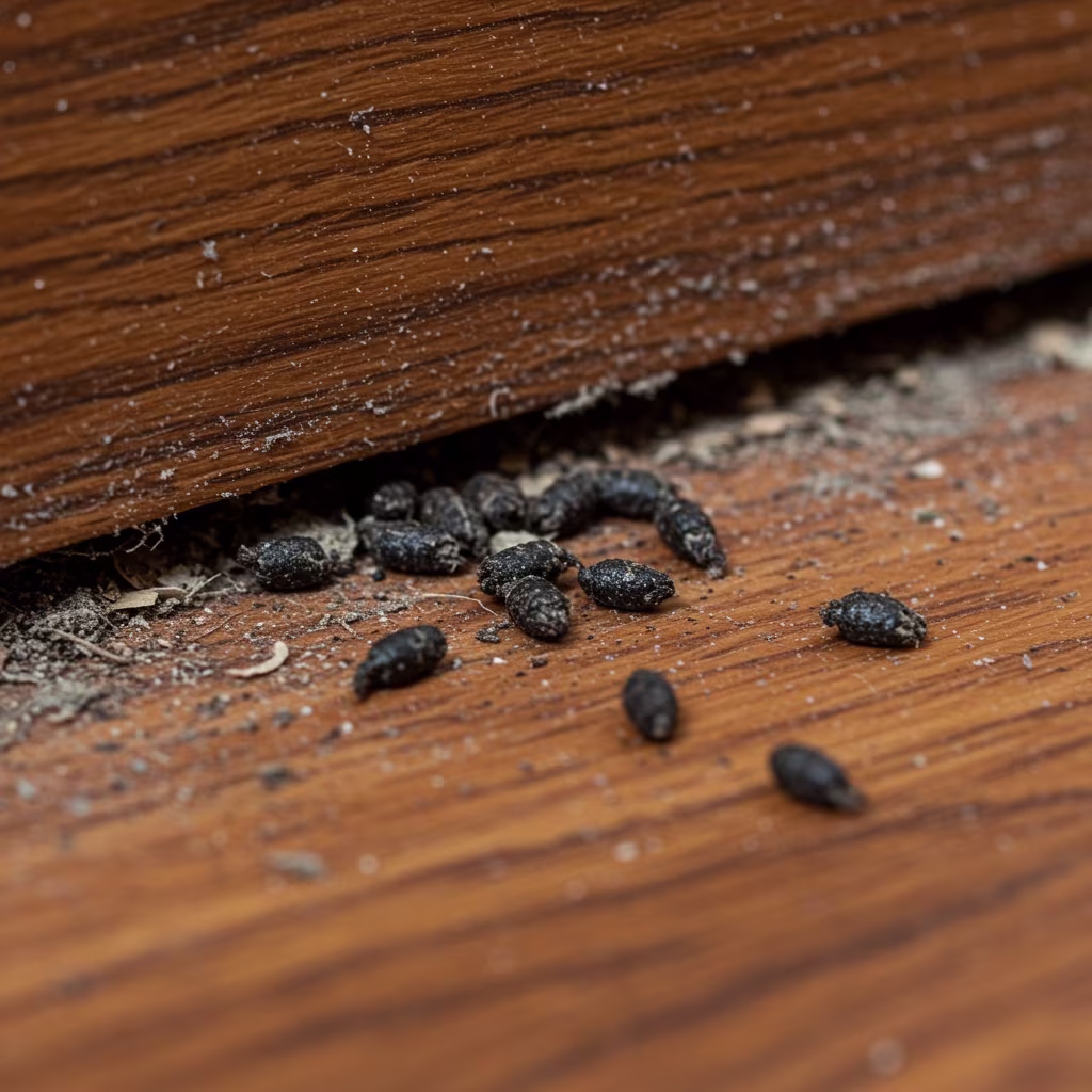 Mehrere dunkle, längliche Kotspuren von Ratten liegen auf einem staubigen Boden nahe einer Wand. Die einzelnen Pellets sind spindelförmig mit leicht zugespitzten Enden. Die Oberfläche des Bodens ist detailreich erkennbar, während das Licht gedämpft wirkt.