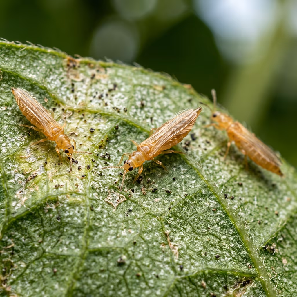 Mehrere sehr kleine Thripse sitzen auf einem grünen Blatt. Die schlanken, länglichen Insekten haben hellbraune Körper, dünne Beine und schmale Flügel. Auf dem Blatt sind typische Fraßspuren wie silbrige Stellen und kleine dunkle Punkte zu erkennen. Die Szene ist stark vergrößert dargestellt.