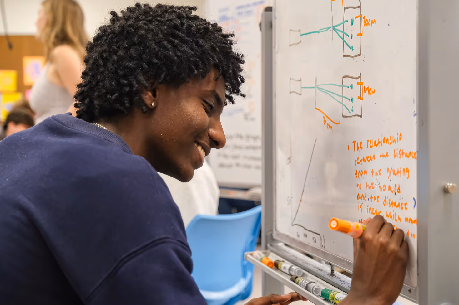Cary Academy upper school student writing on whiteboard during collaborative science or math class activity.