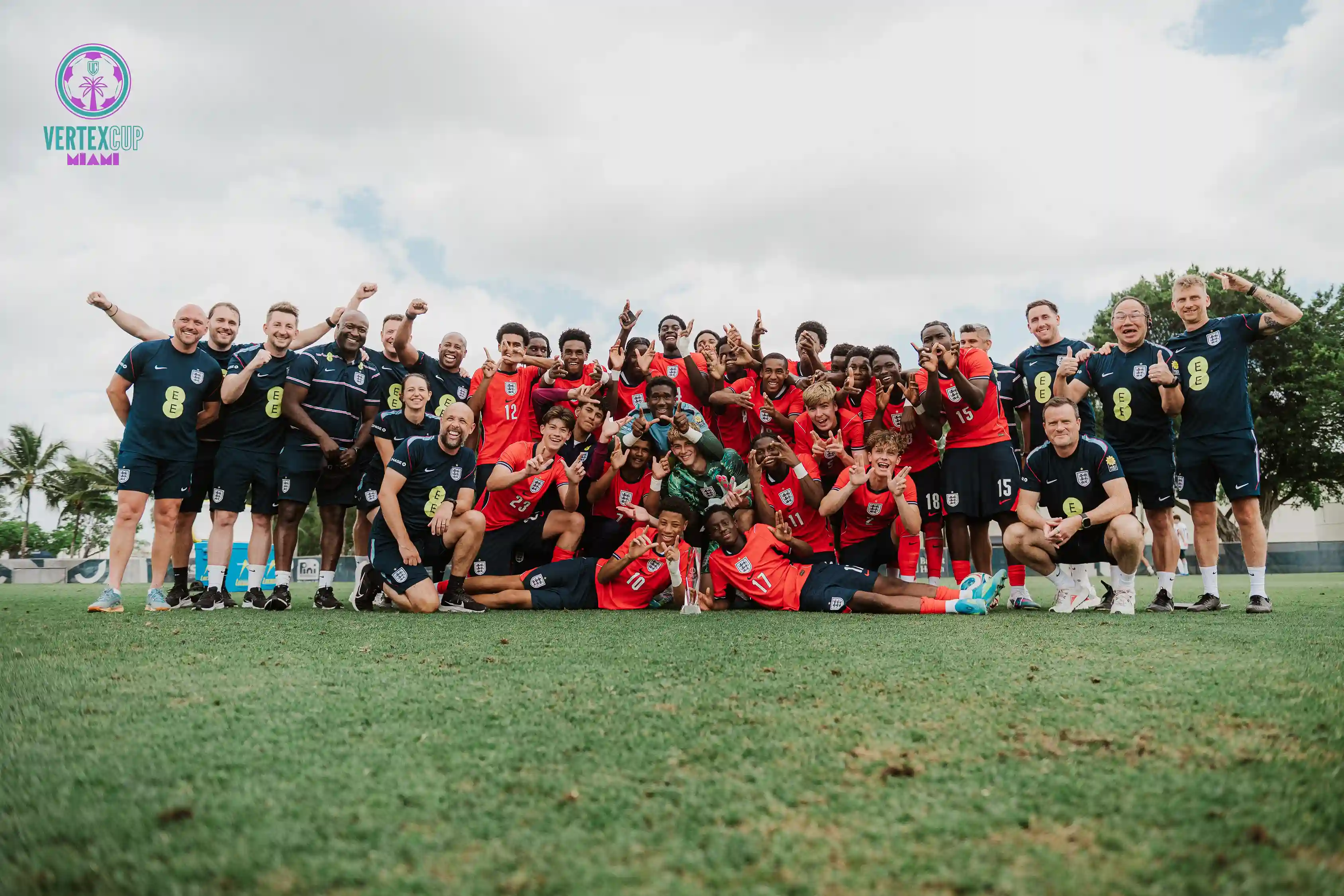England Under-16 players celebrate winning the 2026 Vertex Cup after an unbeaten tournament campaign in Miami, Florida