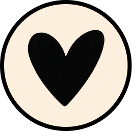 Stylized black heart shape with rounded edges inside a beige circle on a black background.