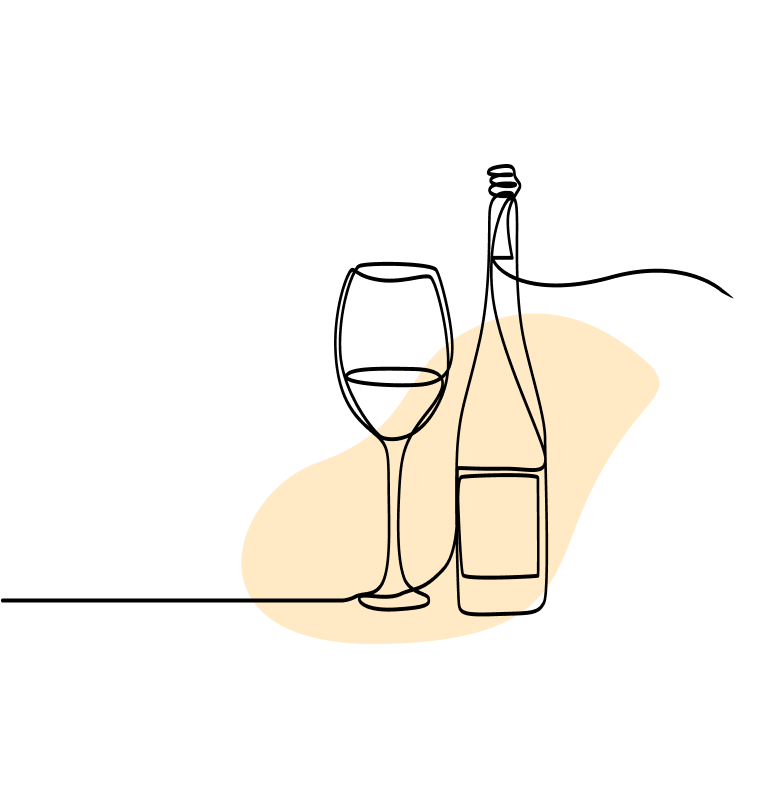 Line drawing of a wine glass and a wine bottle with abstract beige and white shapes in the background.