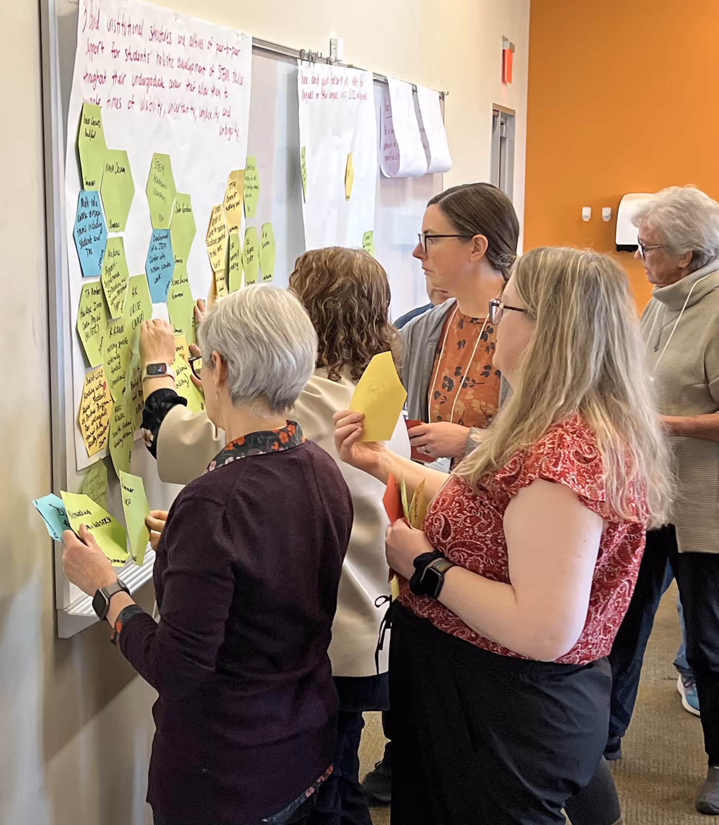 Group of people standing and placing colorful sticky notes on large sheets of paper attached to a wall during a collaborative workshop.