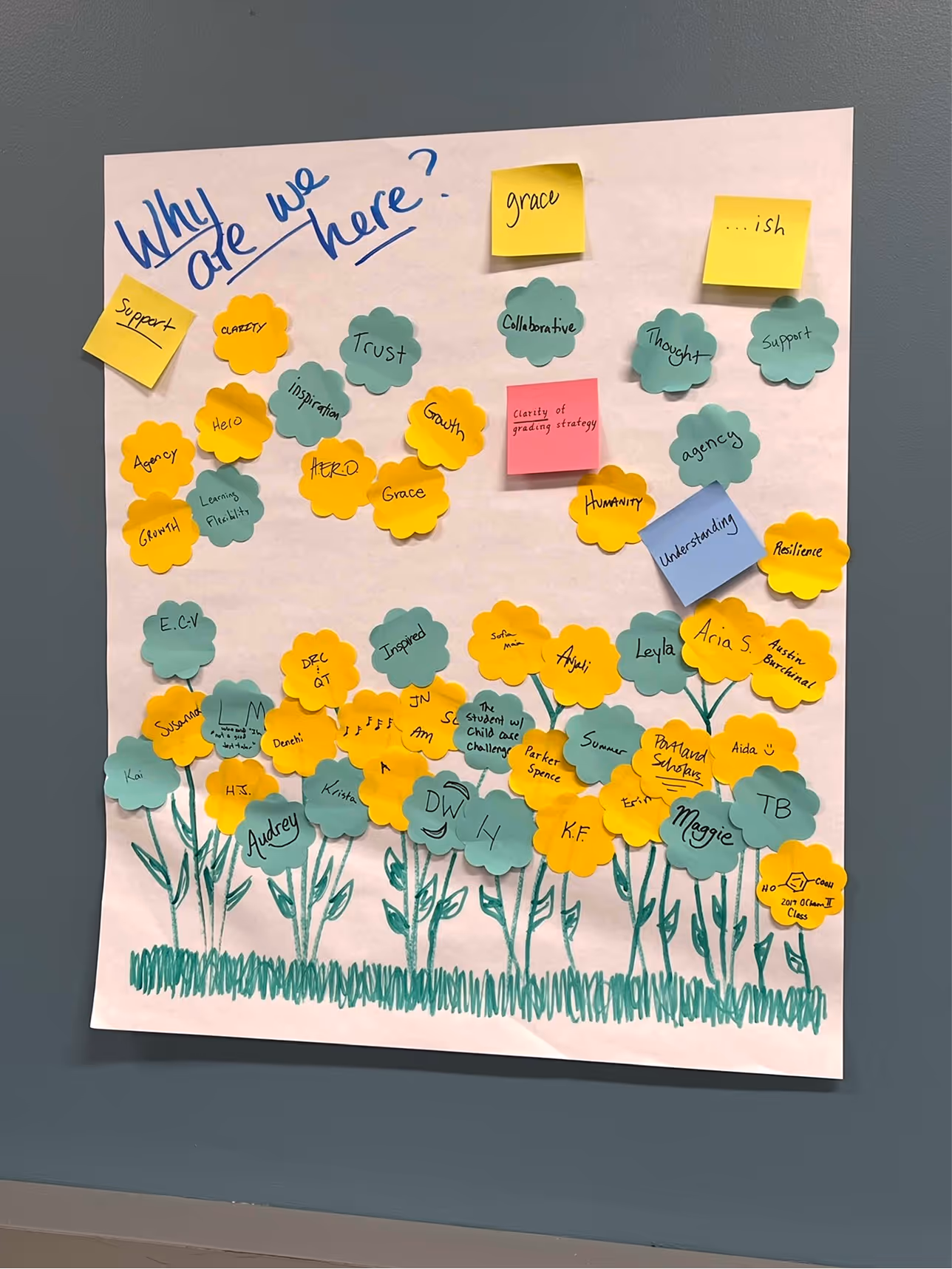 Poster titled 'Why are we here?' with colorful sticky notes shaped like flowers and squares containing handwritten words such as 'trust,' 'growth,' and names, arranged to look like flowers growing from hand-drawn green stems and grass.