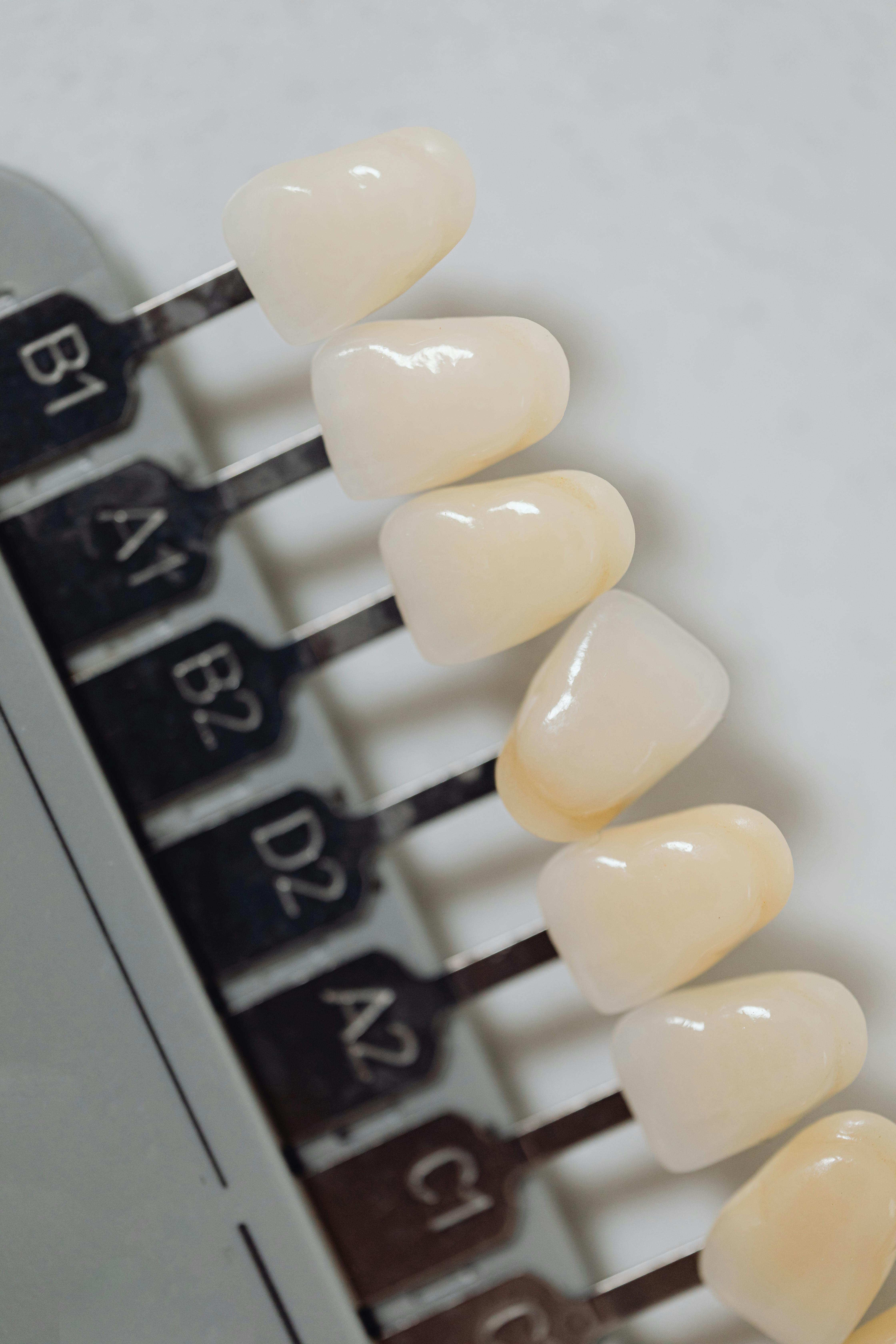 Close-up of dental shade guide with several artificial tooth color samples labeled B1, A1, B2, D2, A2, and C1.
