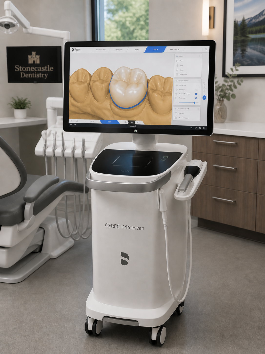 CEREC Primescan dental scanner with a screen displaying a 3D model of a molar tooth in a dental office.