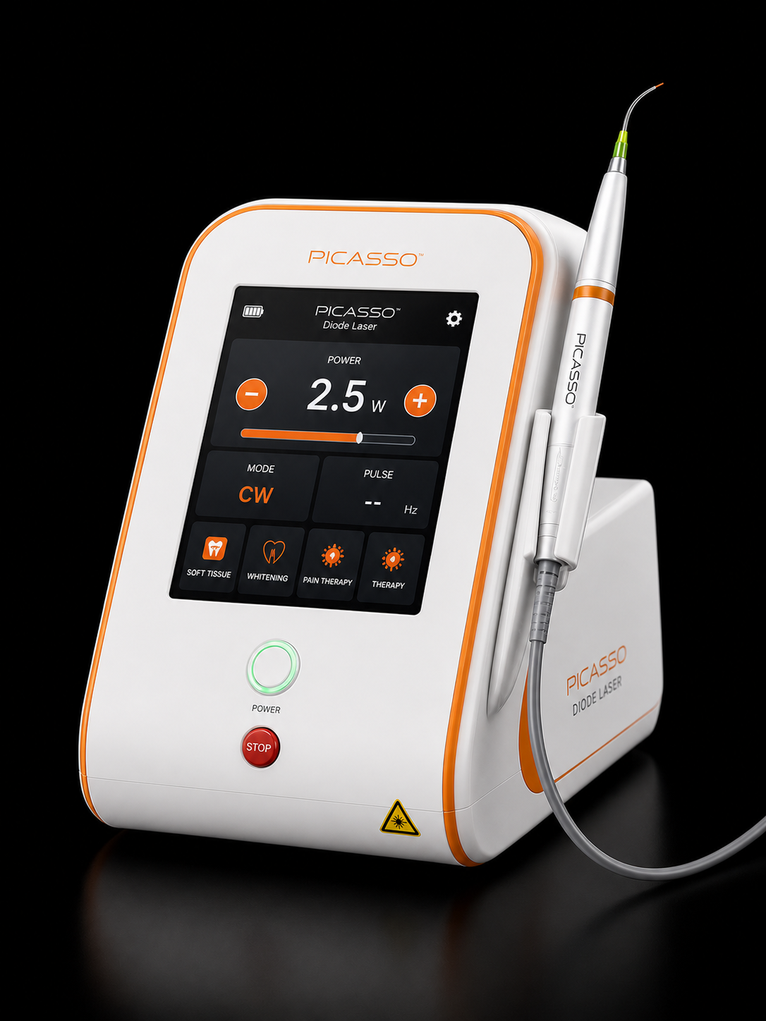 PICASSO diode laser medical device with touchscreen displaying power settings and mode options, and an attached handheld laser probe.