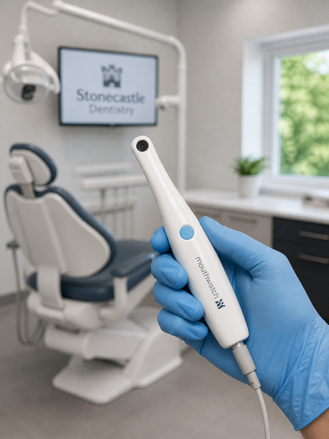 Hand in blue glove holding a white intraoral dental camera labeled mouthwatch in a dental clinic room with a dental chair and a screen displaying Stonecastle Dentistry.