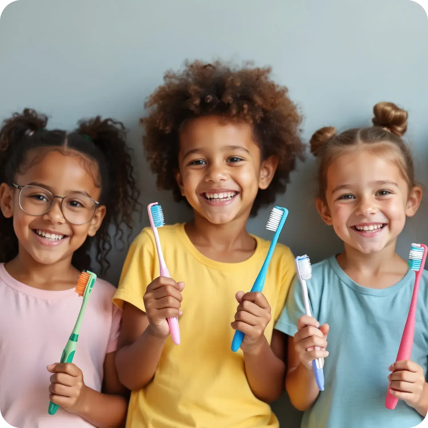 Three smiling children hold colorful toothbrushes in front of a plain gray background.
