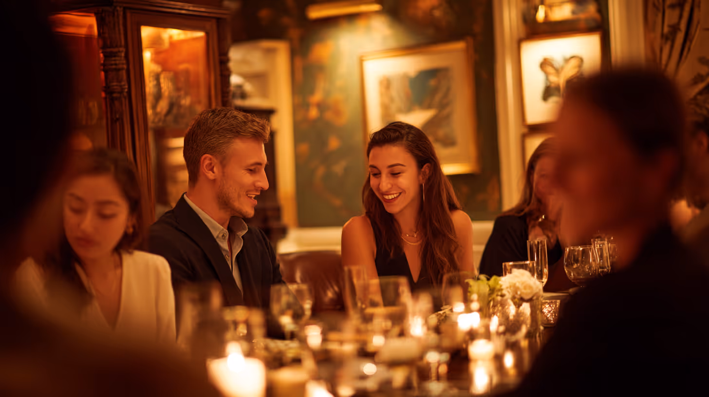 Guest speaking at a dinner table with attentive audience