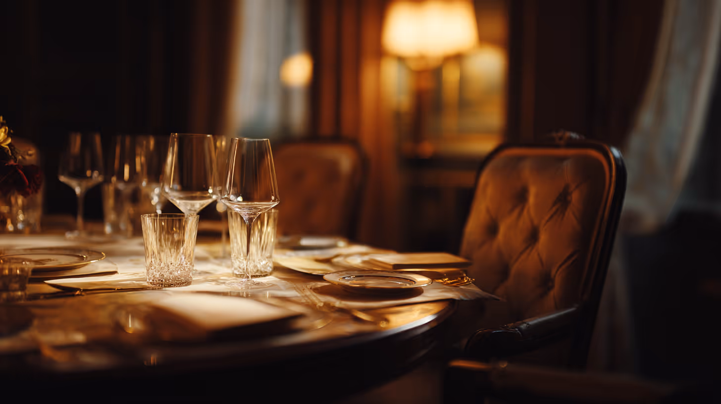Close-up of elegant dinner table with candles and wine glasses