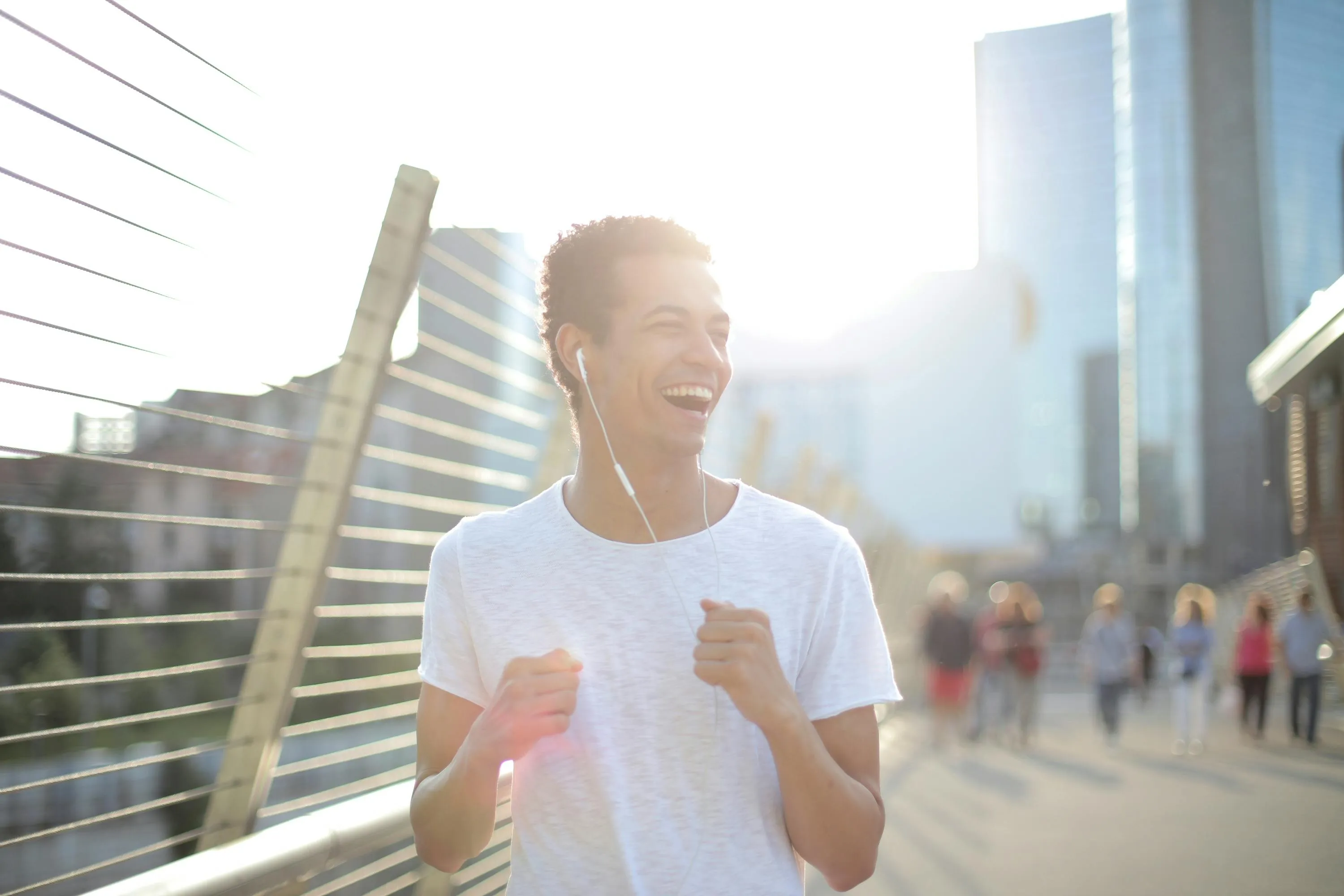 A man walking with headphones
