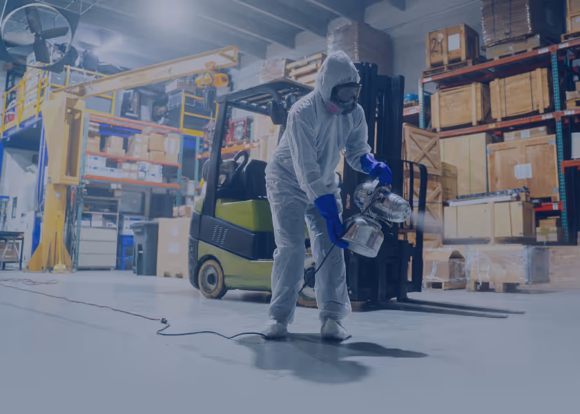 Person in Schutzanzug und Maske desinfiziert Lagerhalle mit Sprühgerät.