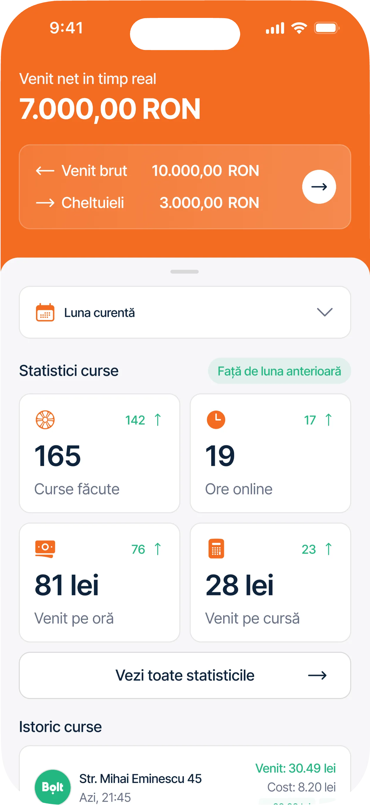 Aplicația Pick cu venitul net și statisticile curselor