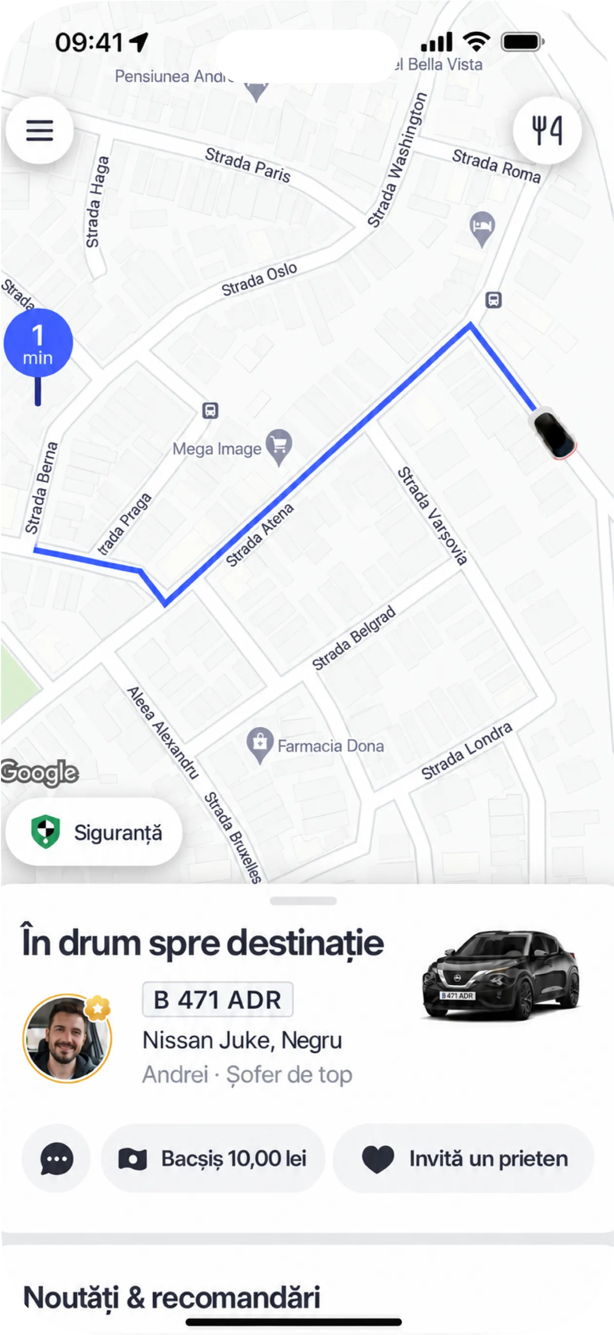 Aplicația Bolt cu o cursă în desfășurare