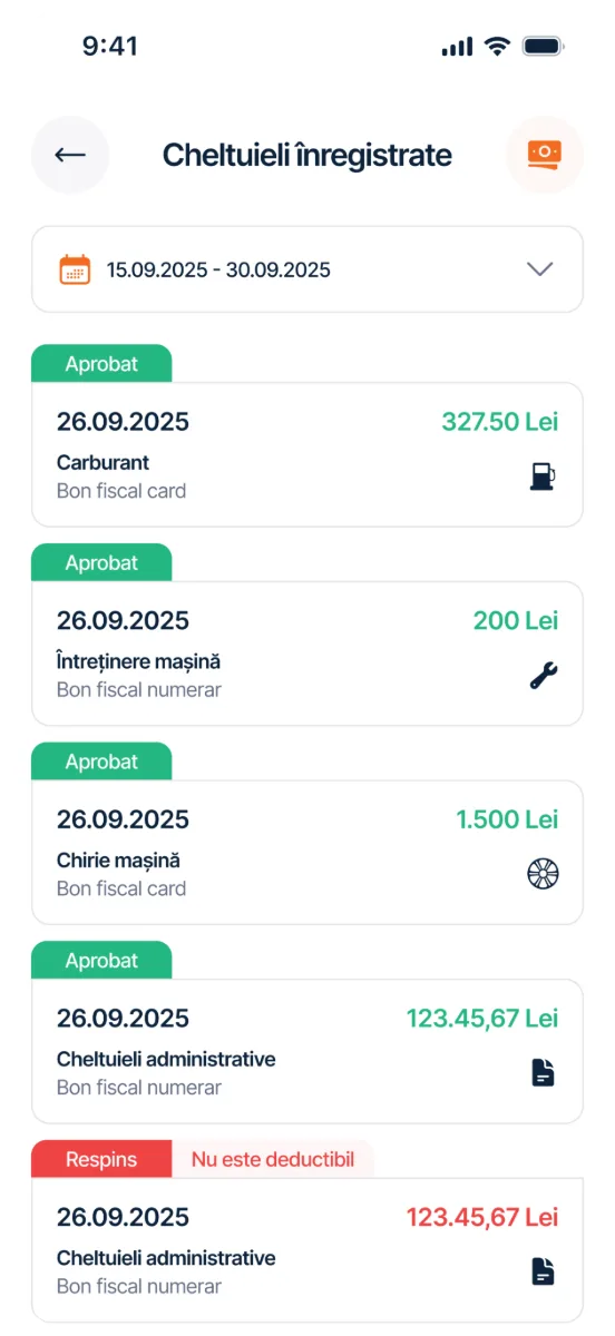 Ecran din aplicația Pick – cheltuieli înregistrate