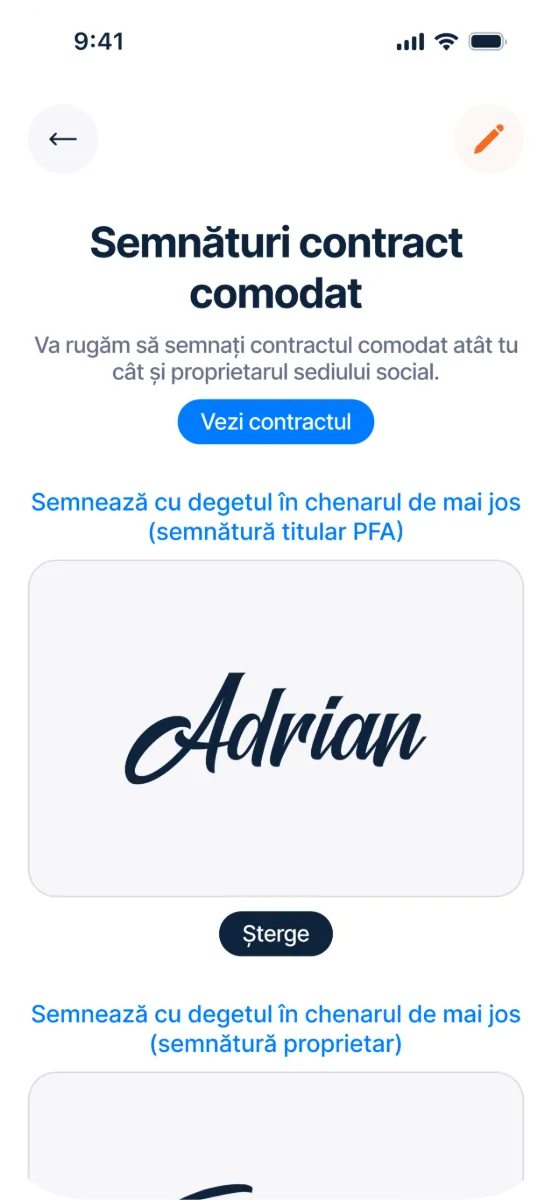 Ecran din aplicația Pick – semnături contract