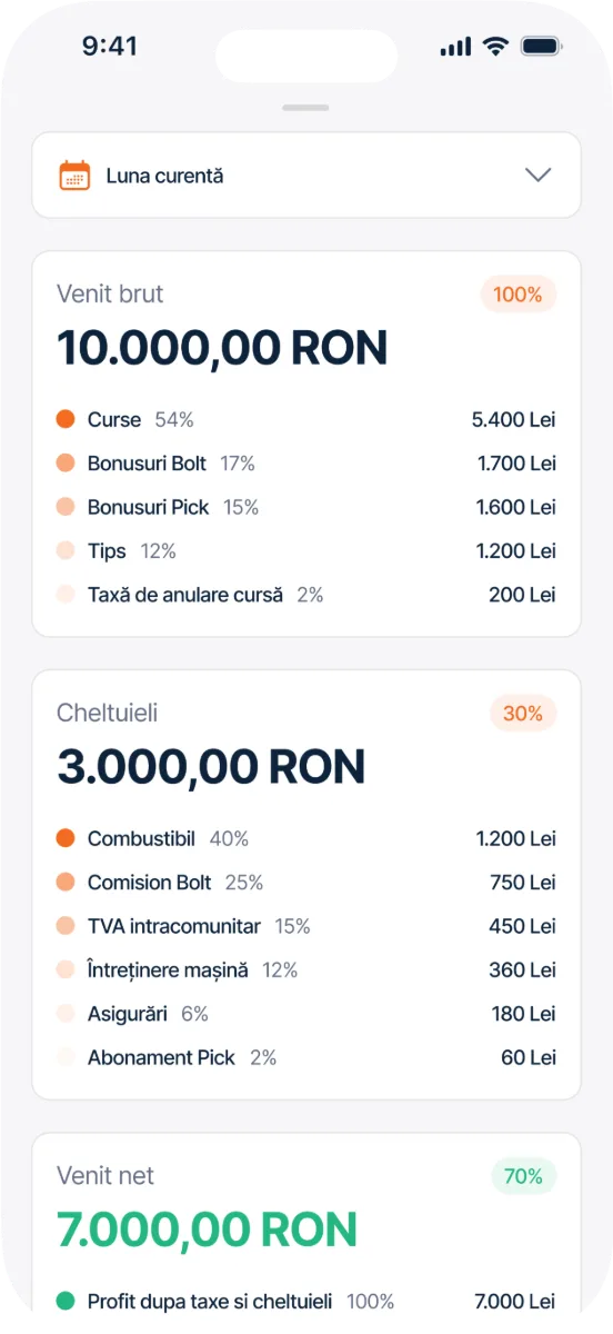 Ecran din aplicația Pick – venituri și cheltuieli