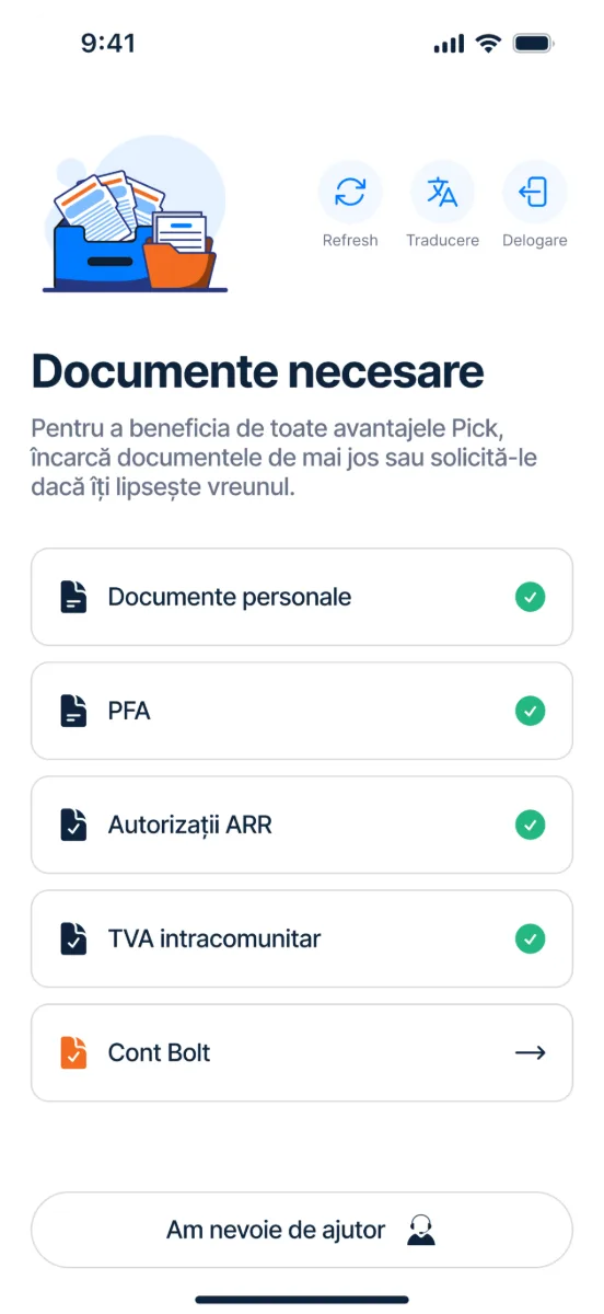 Ecran din aplicația Pick – documente necesare