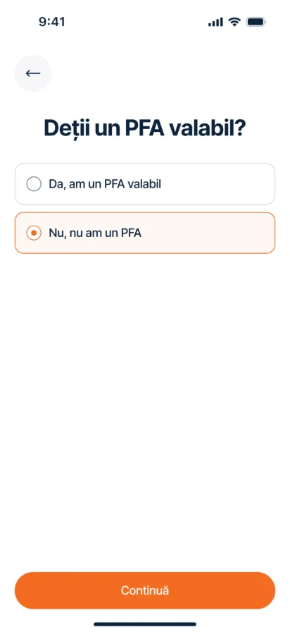 Ecran din aplicația Pick – deții un PFA valabil?