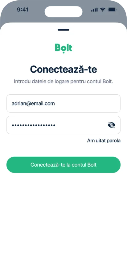 Ecran din aplicația Pick – conectare cont Bolt