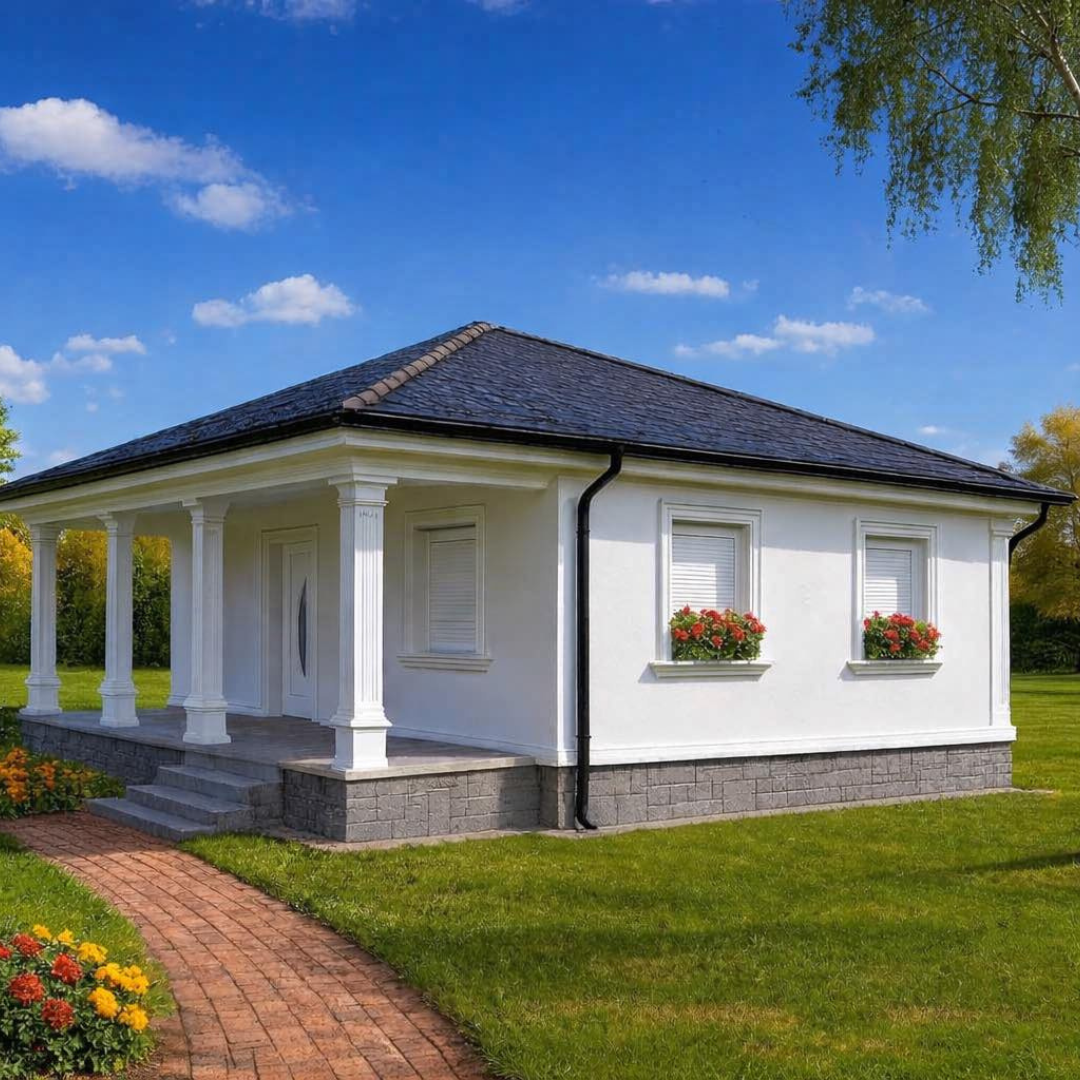 Single-story white house with gray roof, front porch with columns, flower boxes under windows, and a brick pathway through a green lawn.