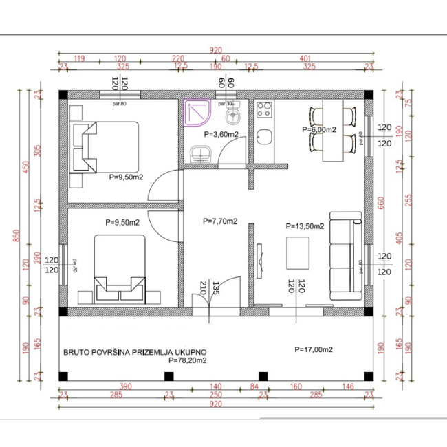 Architectural floor plan of a single-story house with labeled room dimensions and furniture, including two bedrooms, bathroom, kitchen with dining area, living room, and an entrance hall.