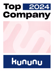 Kununu Top Company 2024 Abzeichen, pinker Hintergrund, Logo unten.
