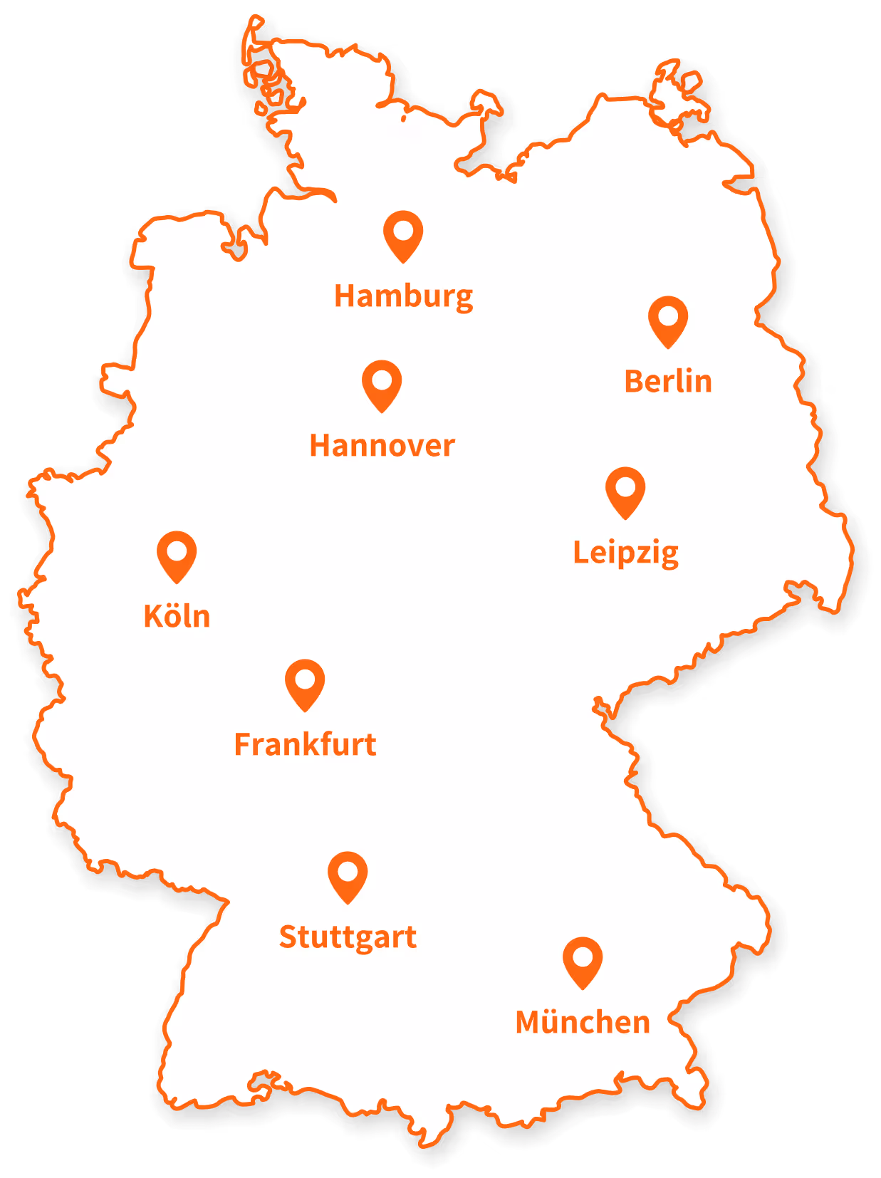 Karte von Deutschland mit markierten Städten: Hamburg, Hannover, Berlin, Köln, Frankfurt, Leipzig, Stuttgart, München.