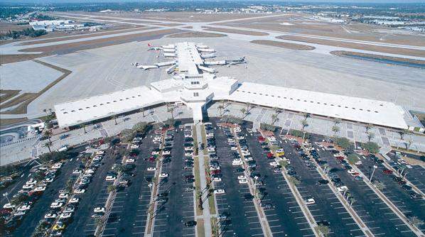 Aerial view of an airport terminal with multiple airplanes parked and a large parking lot filled with cars in front.