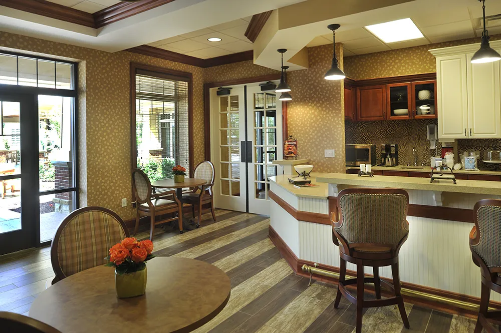 View of the dining room seating inside the Bridge at Hickory Woods in Nashville, TN