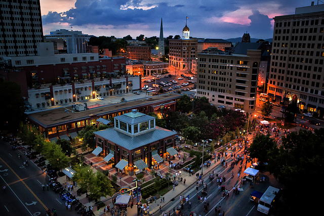 Aerial view of Miller Plaza renovation at night in downtown Chattanooga, TN, completed by Bock Construction.