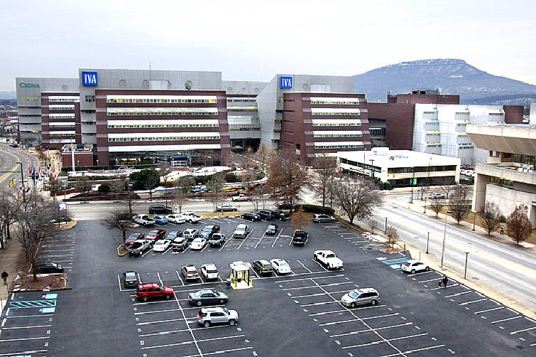 Aerial front view of TVA Business Complex in Chattanooga, TN, constructed by Bock Construction.