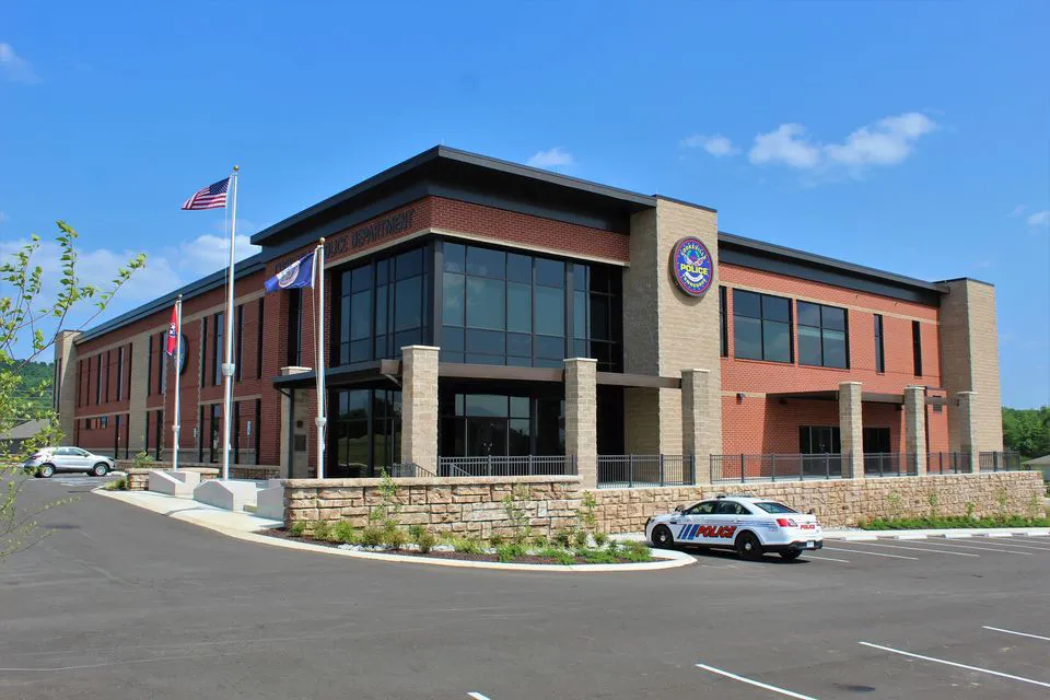 Front entrance of the Cookeville Police Department in Cookeville, TN, constructed by Bock Construction.