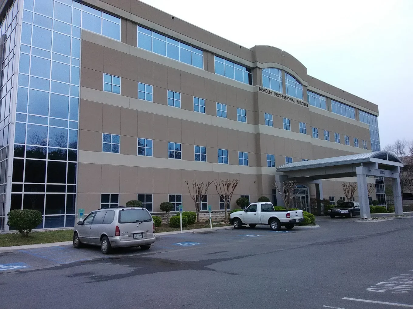 Front side angle view of the renovated Bradley Professional Building in Cleveland, TN, completed by Bock Construction.