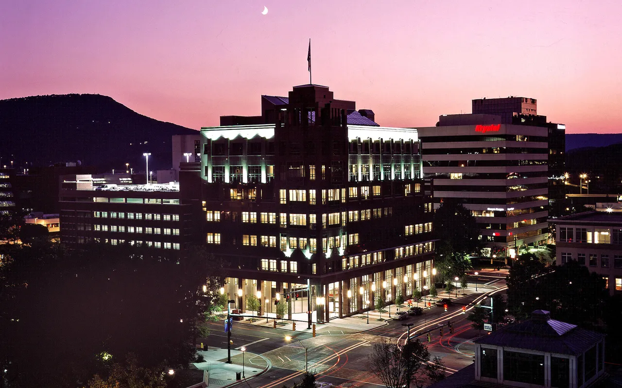 Exterior view at night of EPB headquarters in downtown Chattanooga, TN, built by Bock Construction.