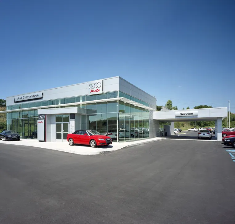 Front view of Audi dealership on Automotive Row in Chattanooga, TN, completed by Bock Construction.
