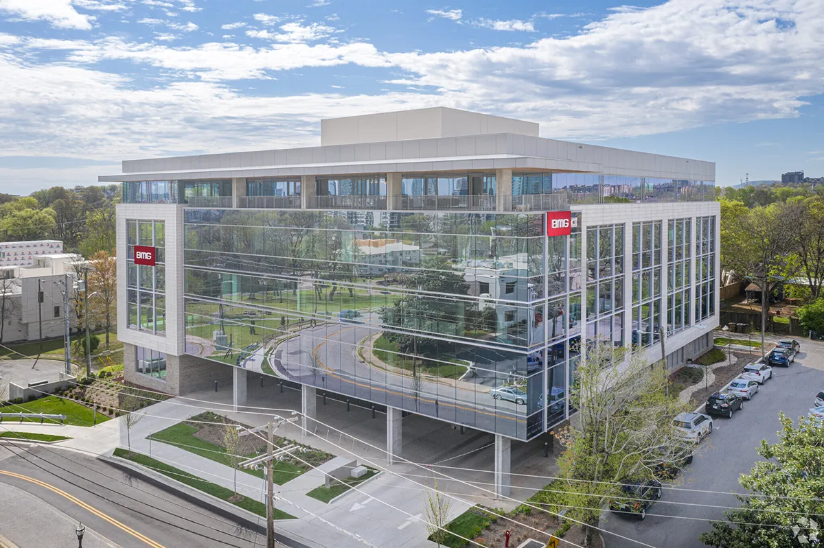 Street-facing view of One Music Circle South office building in Nashville, TN, renovated by Bock Construction.