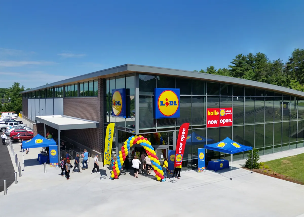 Street view of Lidl grocery store in Winston-Salem, NC, constructed by Bock Construction as part of the brand’s U.S. expansion.