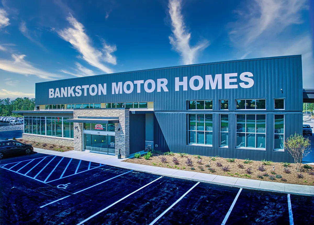 Front view of Bankston RV dealership and service center in Atalla, AL, constructed by Bock Construction.